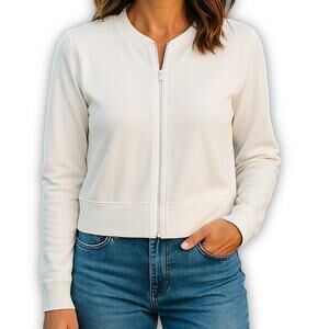 Eileen Fisher White Stretch Cotton Full Zip Cropped Jacket Medium